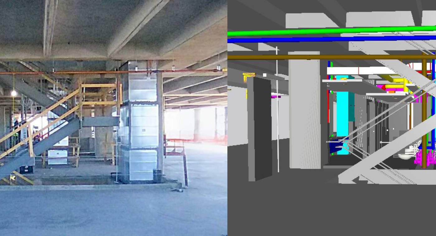 Side by side image of a construction site stairwell and a digital representation