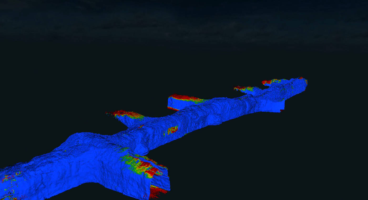 Point cloud data highlighted unstable parts of a tunnel wall