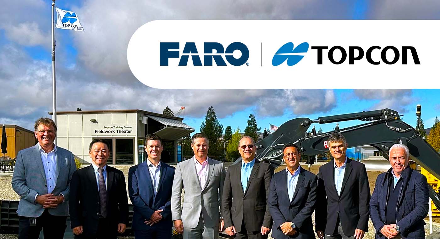 Topcon FARO News - Pictured from left: Ewout Korpershoek and Tetsuya Morita with Topcon, Matthew Horwath and Peter J. Lau with FARO, Ivan Di Federico with Topcon, Phillip Delnick with FARO, and Murray Lodge and Luc Le Maire with Topcon. 